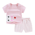 Children's blue cotton short sleeve outfit set with elephant cartoon print for summer.