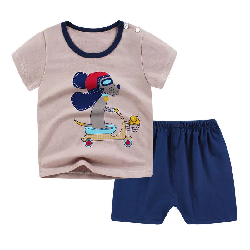 Children's blue cotton short sleeve outfit set with elephant cartoon print for summer.