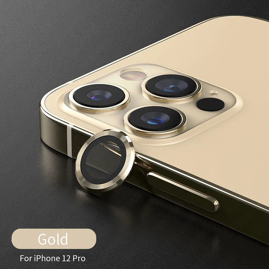 Metal hawk eye design tempered glass camera lens protector film for iPhone 12 Pro in gold colour.