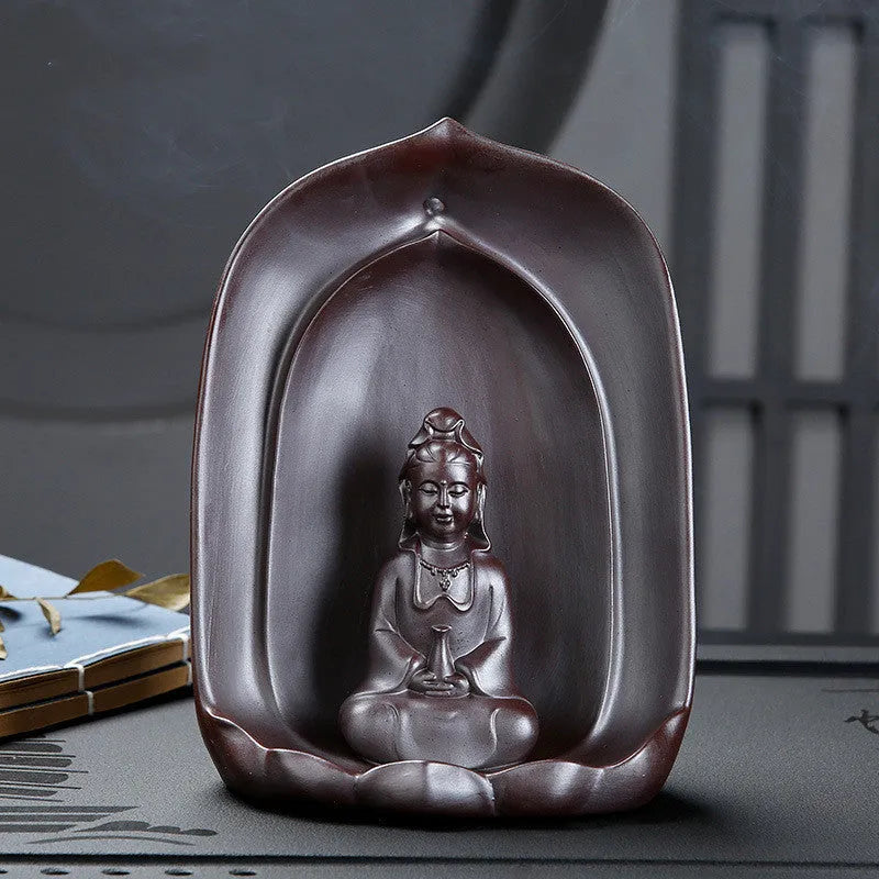 Handmade ceramic Guanyin sitting lotus statue backflow incense burner.