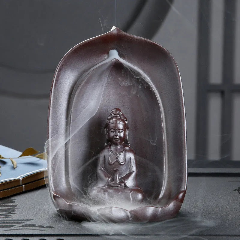 Handmade ceramic Guanyin sitting lotus statue backflow incense burner.