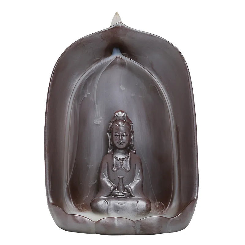 Handmade ceramic Guanyin sitting lotus statue backflow incense burner.