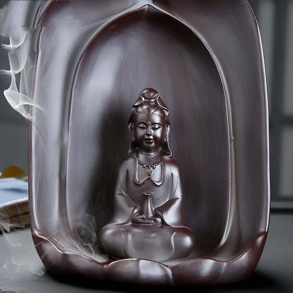 Handmade ceramic Guanyin sitting lotus statue backflow incense burner.