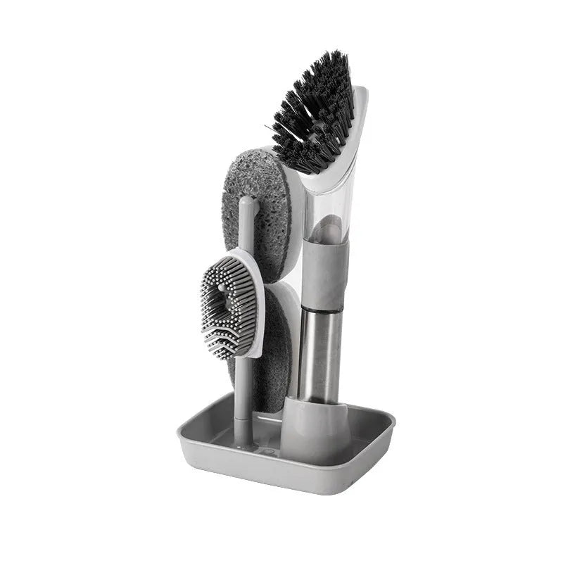 Long-handle kitchen cleaning brush with sponge head and built-in soap dispenser button in blue.