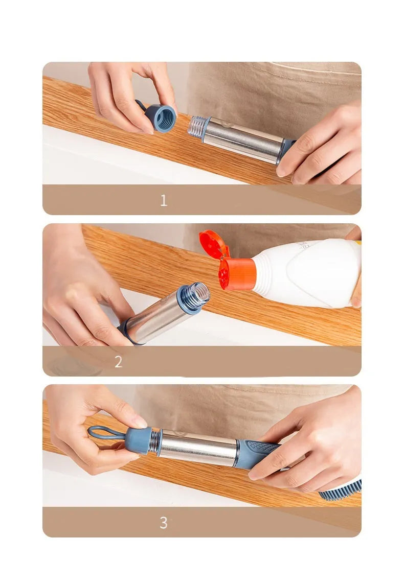 Long-handle kitchen cleaning brush with sponge head and built-in soap dispenser button in blue.