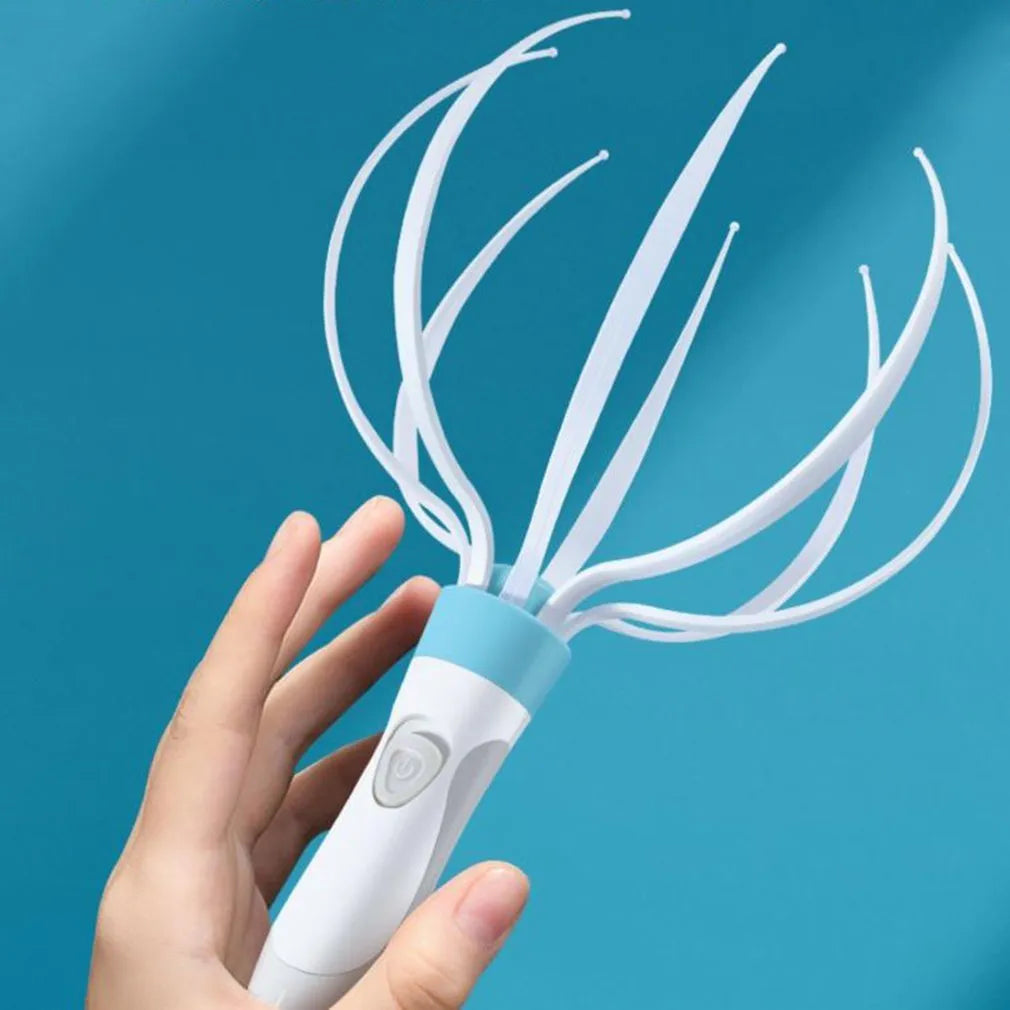 White electric head massager with eight removable vibration claws on a clean background