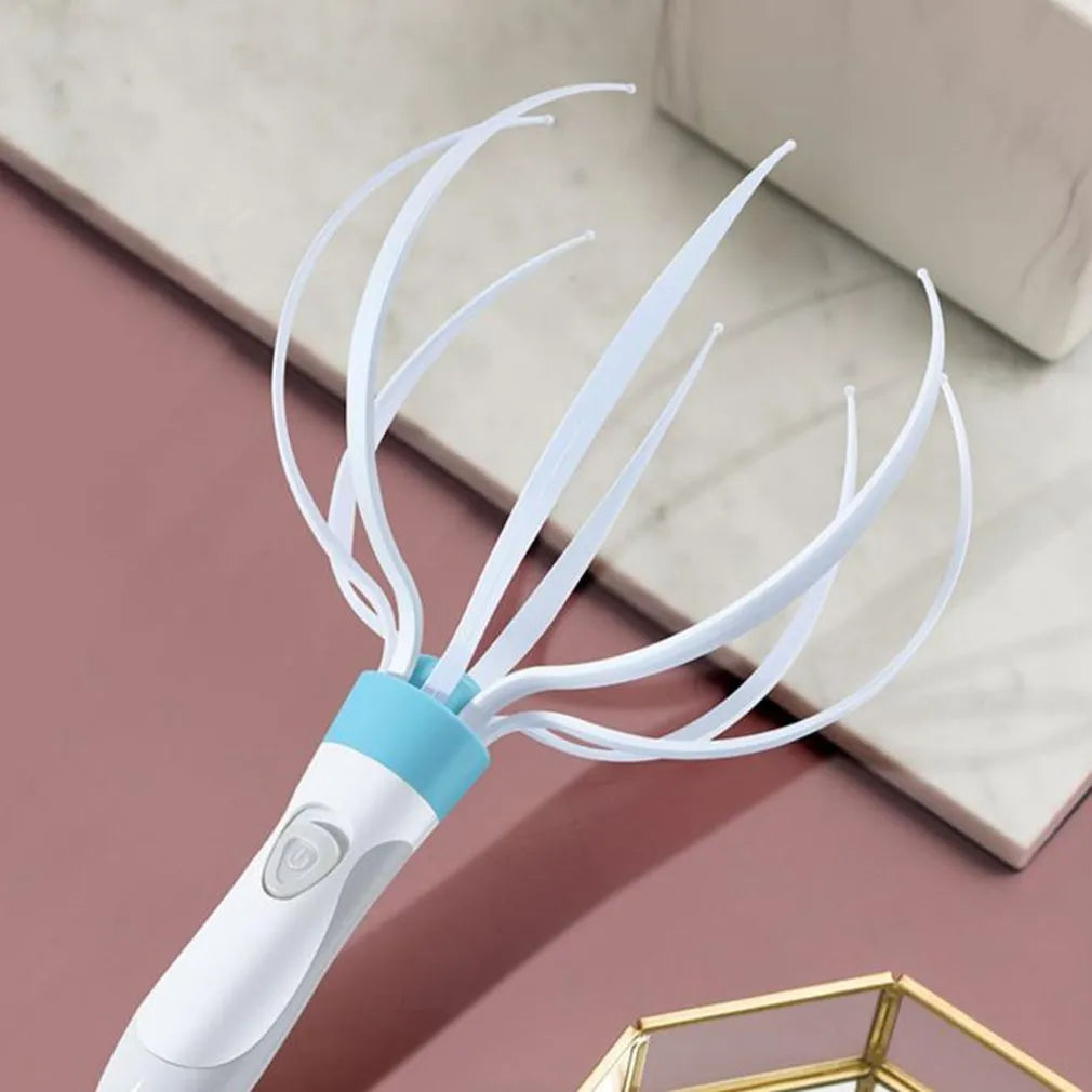 White electric head massager with eight removable vibration claws on a clean background