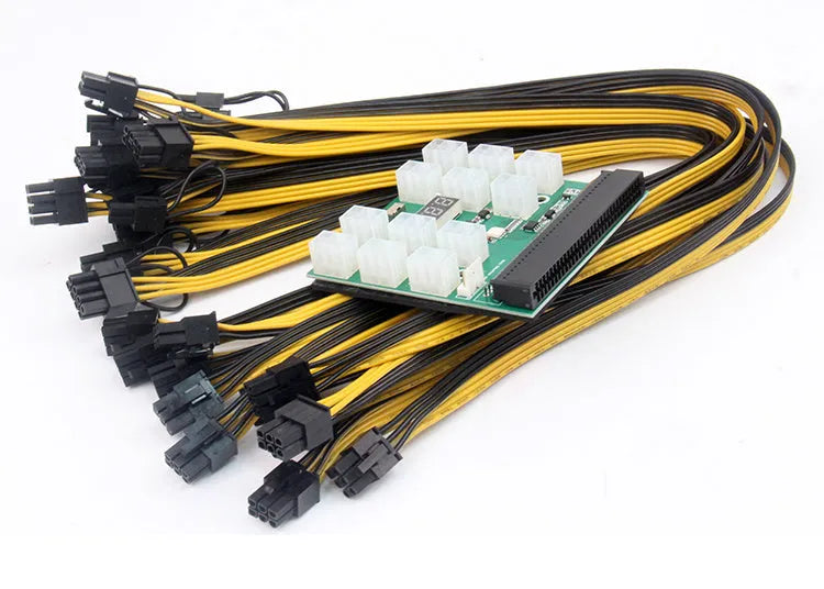 Server power conversion board with 12 extended 50 cm cables connecting 8-pin to 6-pin graphics card adapters