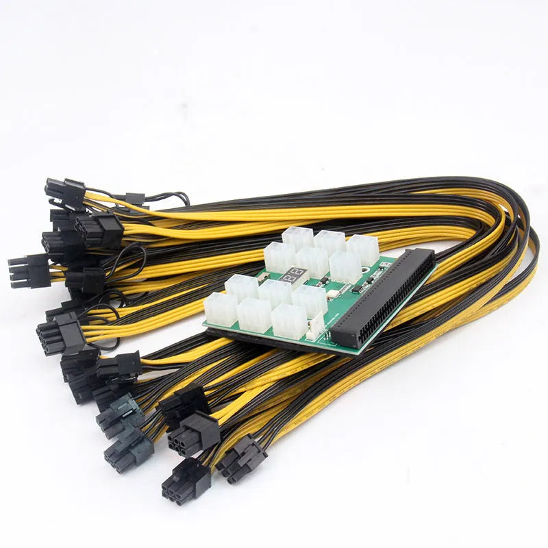 Server power conversion board with 12 extended 50 cm cables connecting 8-pin to 6-pin graphics card adapters