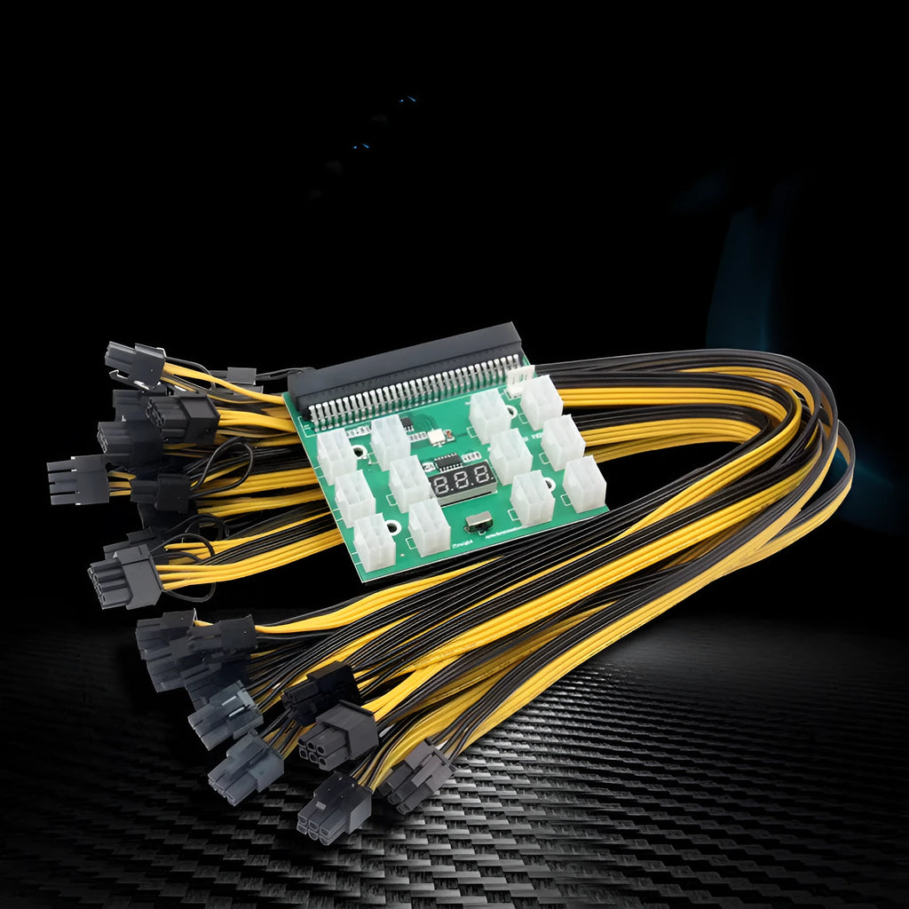 Server power conversion board with 12 extended 50 cm cables connecting 8-pin to 6-pin graphics card adapters