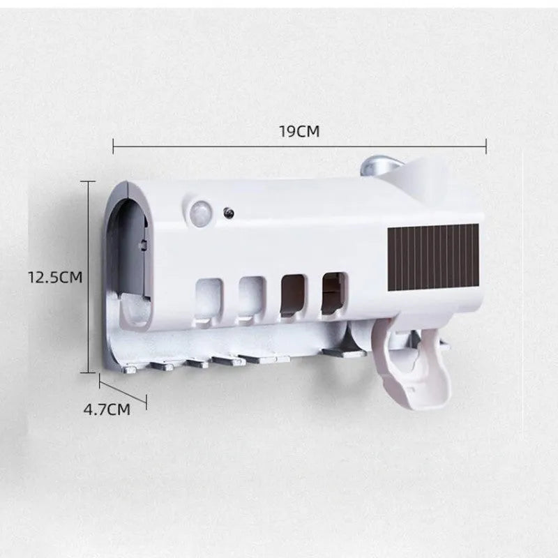 Black wall-mounted UV toothbrush steriliser and automatic toothpaste squeezer unit with solar panel.