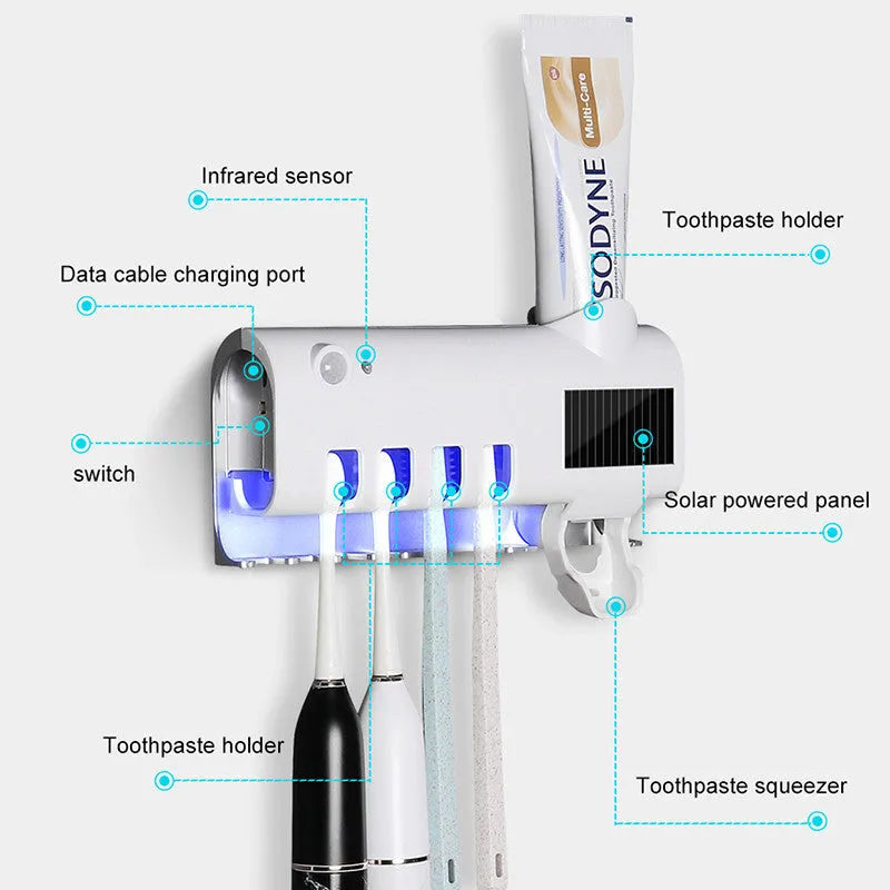 Black wall-mounted UV toothbrush steriliser and automatic toothpaste squeezer unit with solar panel.