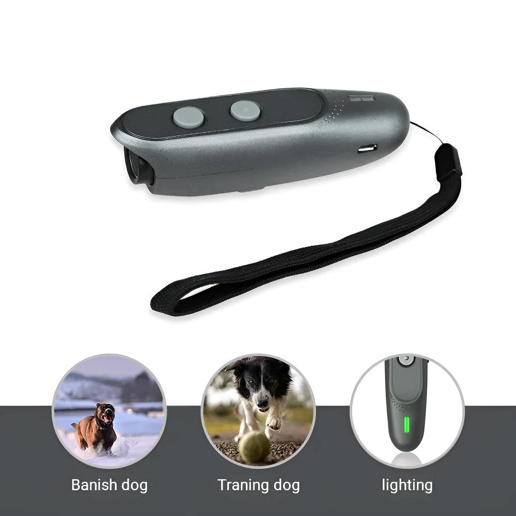 Black ultrasonic handheld dog trainer with 3 frequency modes and 10m range, on outdoor background