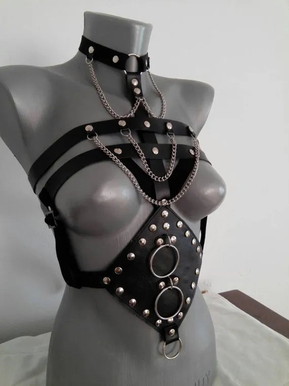 Black PU leather open bra bondage camisole, one-size adult fetish dress