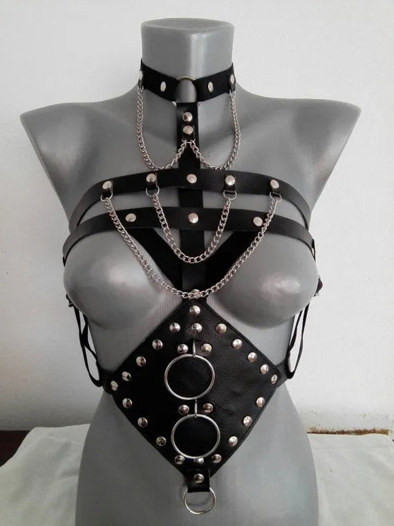 Black PU leather open bra bondage camisole, one-size adult fetish dress