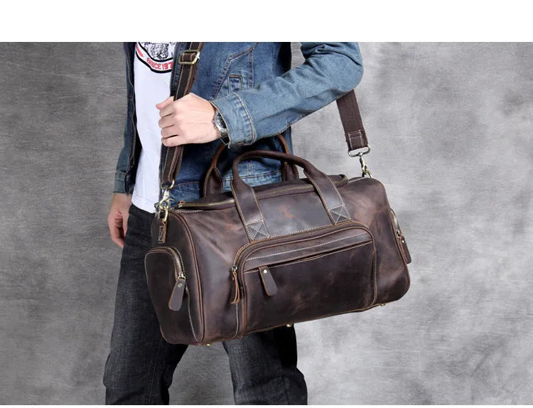 Genuine leather travel bag 20-35L capacity dark brown retro hand luggage with soft handle and shoulder strap