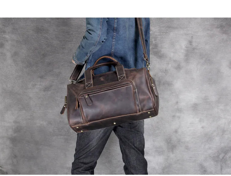 Genuine leather travel bag 20-35L capacity dark brown retro hand luggage with soft handle and shoulder strap