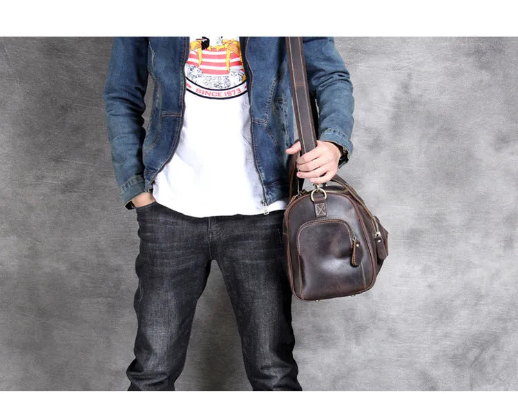 Genuine leather travel bag 20-35L capacity dark brown retro hand luggage with soft handle and shoulder strap