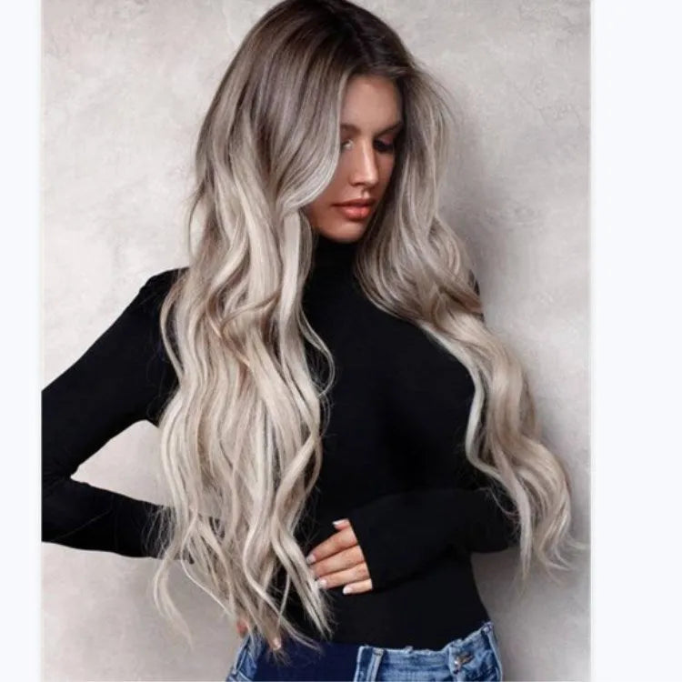 Long curly wig with long bangs in Grandma Ash colour, high temperature wire fibre, shown as a single piece