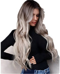 Long curly wig with long bangs in Grandma Ash colour, high temperature wire fibre, shown as a single piece