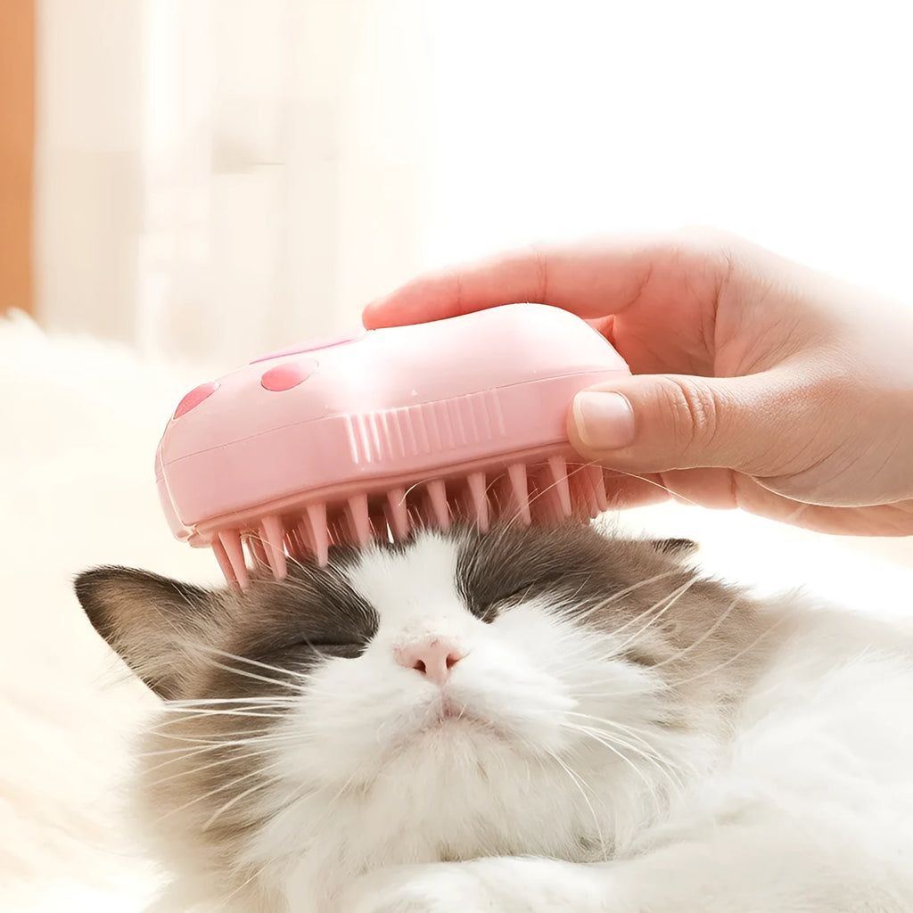 Cat paw style USB rechargeable pet spray massage brush on white background, compact ABS plastic grooming tool