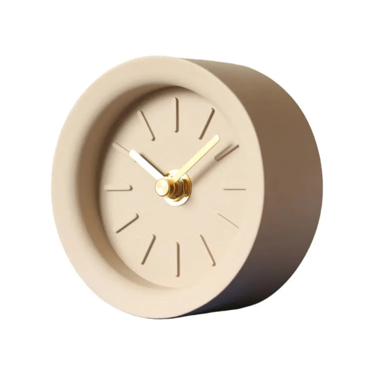 Industrial style cement silent desk clock with sweep movement, 4-inch round dial in rock brown colour on a wooden desk