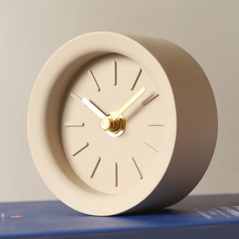 Industrial style cement silent desk clock with sweep movement, 4-inch round dial in rock brown colour on a wooden desk
