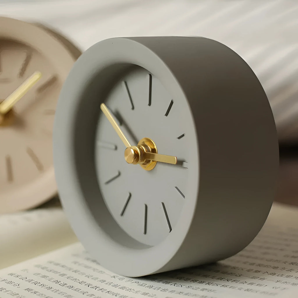 Industrial style cement silent desk clock with sweep movement, 4-inch round dial in rock brown colour on a wooden desk