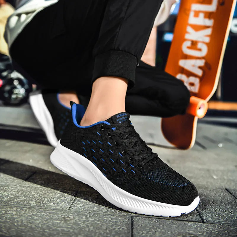 Men's breathable lightweight sports casual running shoes with fabric upper, mesh lining, and MD sole, front tie and cross straps.