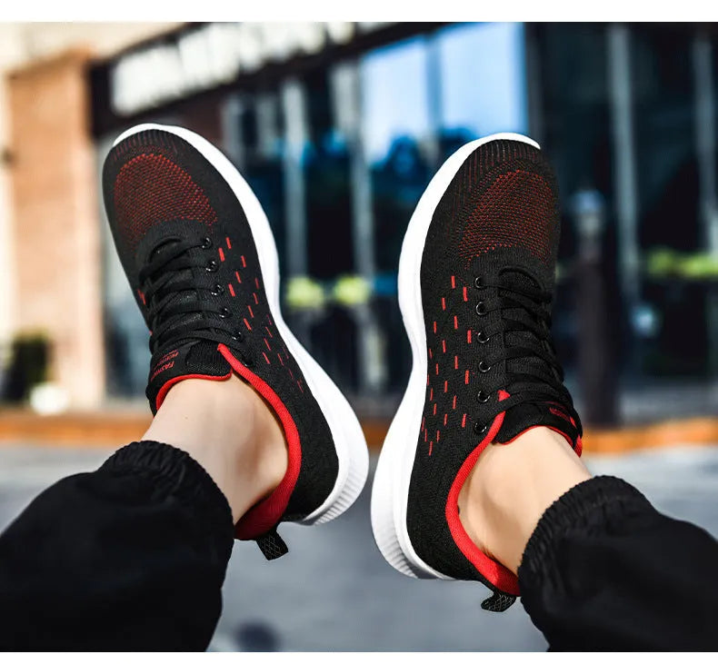 Men's breathable lightweight sports casual running shoes with fabric upper, mesh lining, and MD sole, front tie and cross straps.