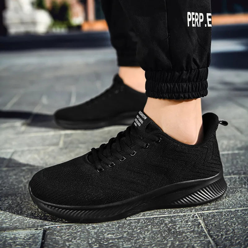 Men's breathable lightweight sports casual running shoes with fabric upper, mesh lining, and MD sole, front tie and cross straps.