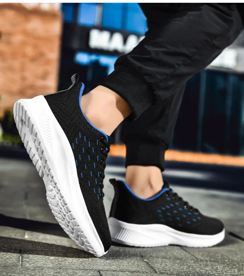 Men's breathable lightweight sports casual running shoes with fabric upper, mesh lining, and MD sole, front tie and cross straps.