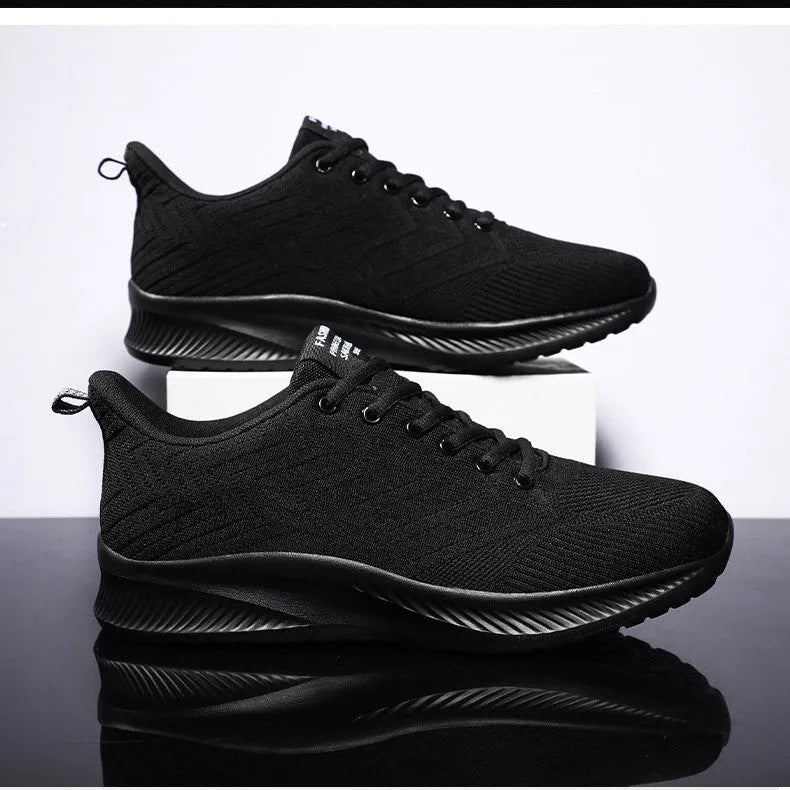 Men's breathable lightweight sports casual running shoes with fabric upper, mesh lining, and MD sole, front tie and cross straps.