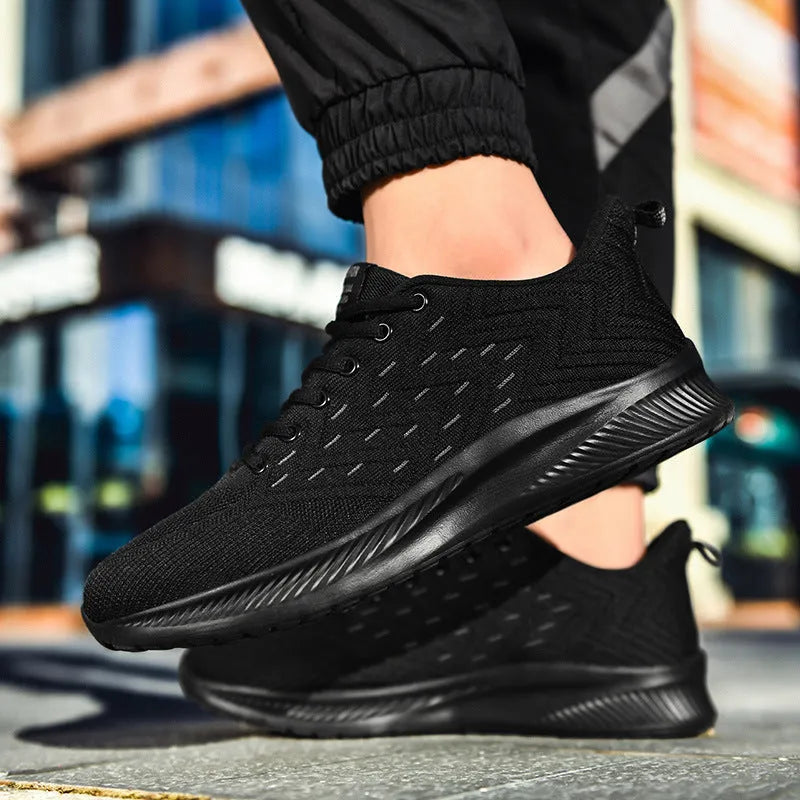Men's breathable lightweight sports casual running shoes with fabric upper, mesh lining, and MD sole, front tie and cross straps.