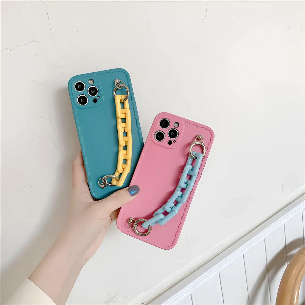 Huawei phone case with a wrist strap in a pink and blue colour combination