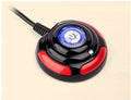 Black and red desktop computer power switch with on/off button, reset button, and indicator light.