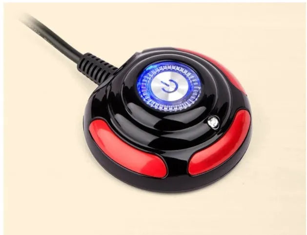 Black and red desktop computer power switch with on/off button, reset button, and indicator light.