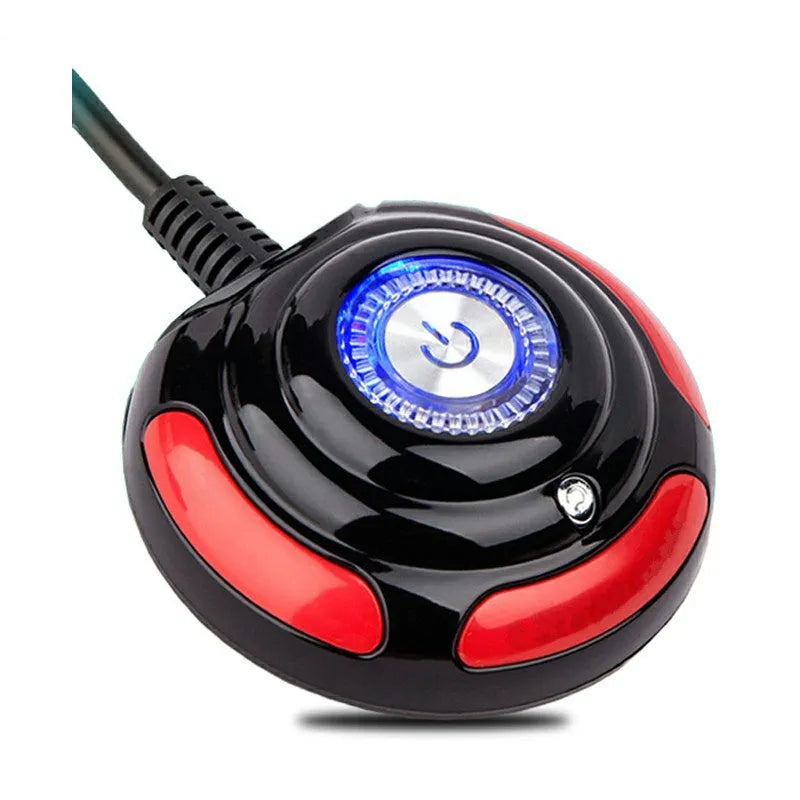 Black and red desktop computer power switch with on/off button, reset button, and indicator light.
