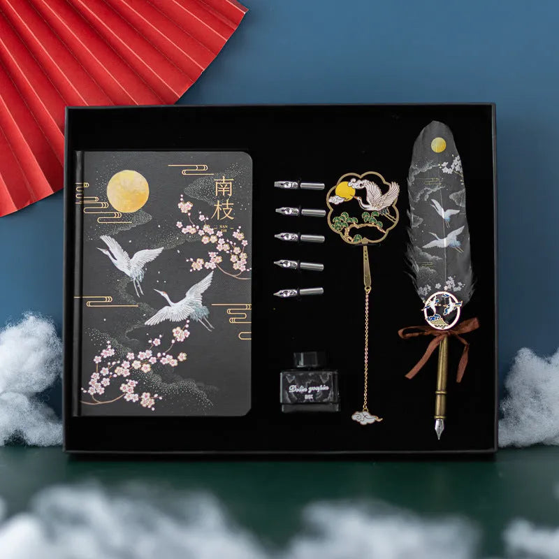 Chinese style feather pen set with notebook and metal sheath, showing pens in four different colour themes.