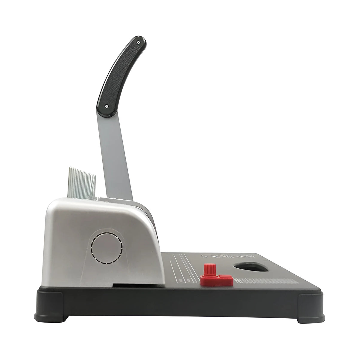 White A4 manual comb binding machine with 21-hole clamp strip punching mechanism on desk
