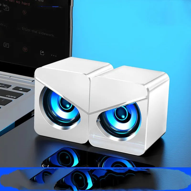 Black and white desktop computer speakers with USB cable and 3.5mm audio jack connection