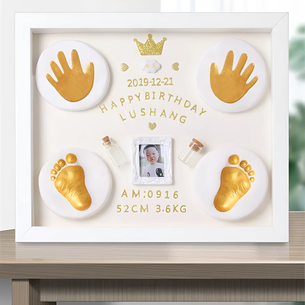 Modern cartoon-style baby hand and foot print anniversary frame in solid wood and MDF construction