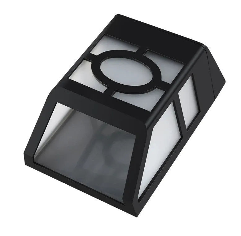 Compact white plastic solar wall light with solar panel and LED light lens.