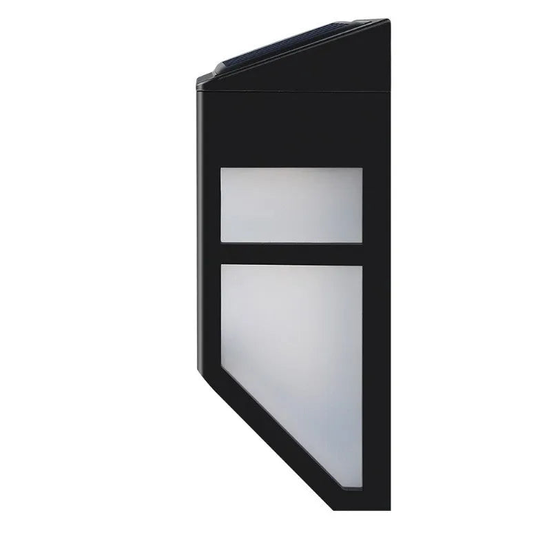Compact white plastic solar wall light with solar panel and LED light lens.
