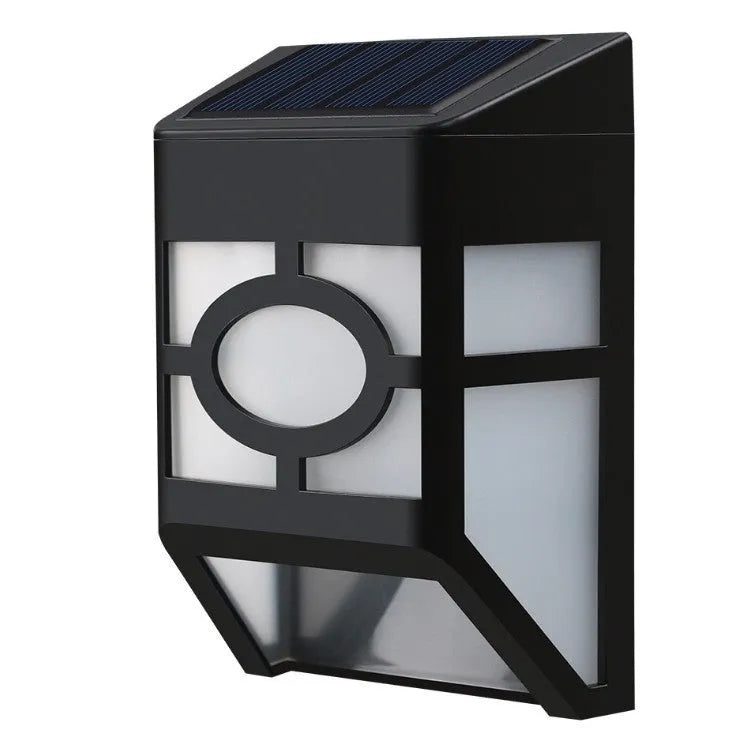 Compact white plastic solar wall light with solar panel and LED light lens.
