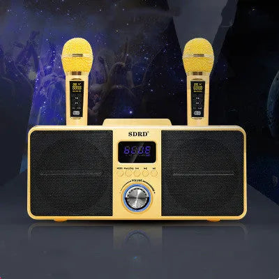 Black wireless Bluetooth speaker with dual microphones for home karaoke featuring 2.1 channel audio