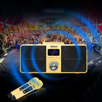 Black wireless Bluetooth speaker with dual microphones for home karaoke featuring 2.1 channel audio