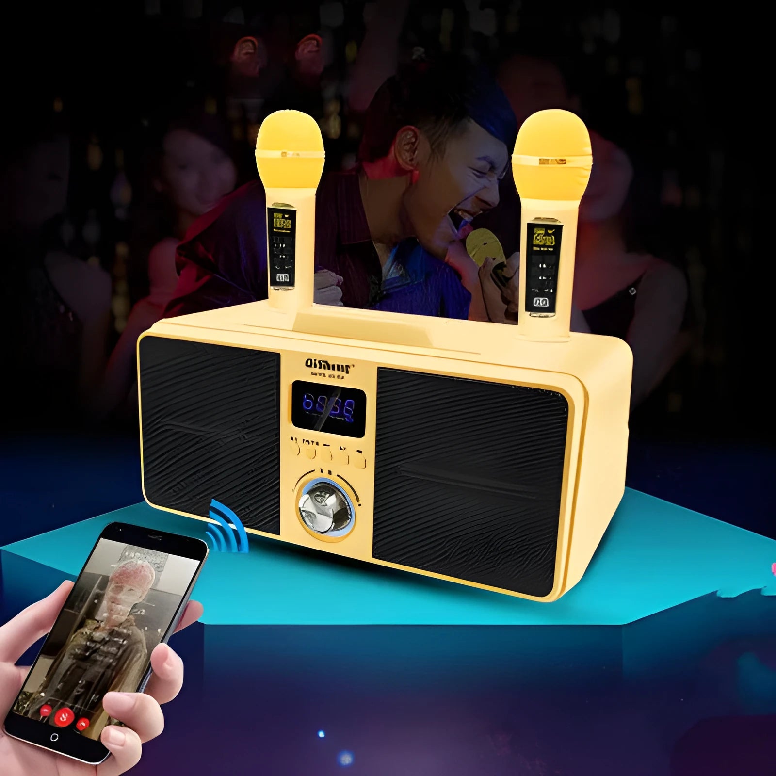 Black wireless Bluetooth speaker with dual microphones for home karaoke featuring 2.1 channel audio