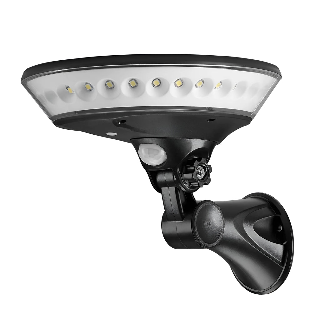 White 360-degree solar-powered outdoor security light with a motion sensor and solar panel on top.