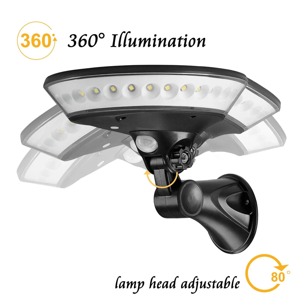 White 360-degree solar-powered outdoor security light with a motion sensor and solar panel on top.